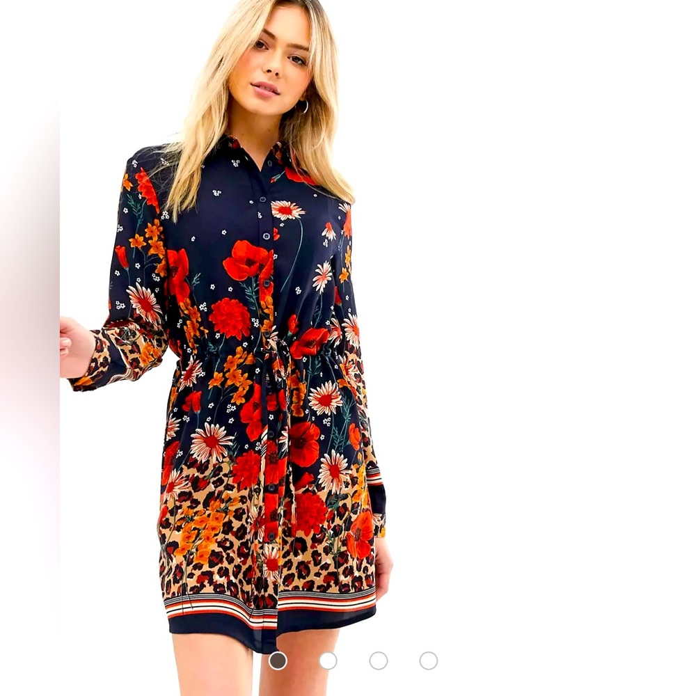 Floral & Leopard Print Navy Shirt Dress with Red Accents